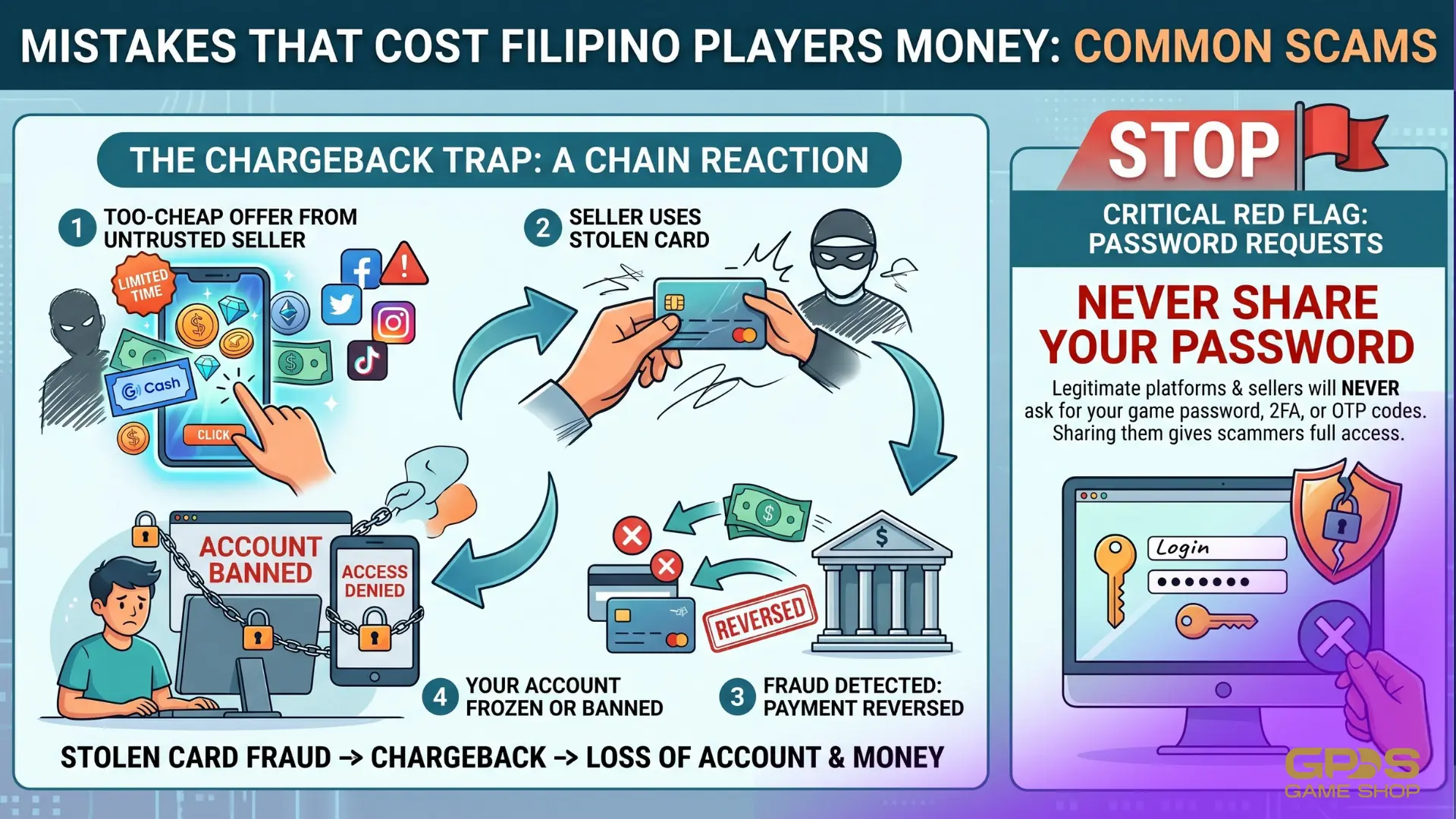 Warning visual showing how stolen-card chargebacks and password requests lead to frozen game accounts