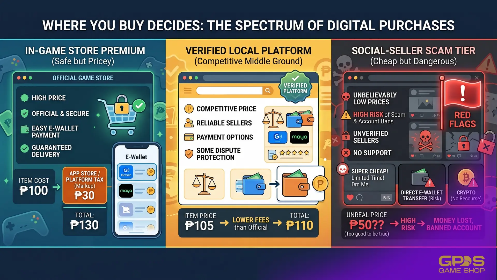 Infographic comparing in-game store pricing, verified local top-up platforms, and risky social media sellers for Filipino gamers
