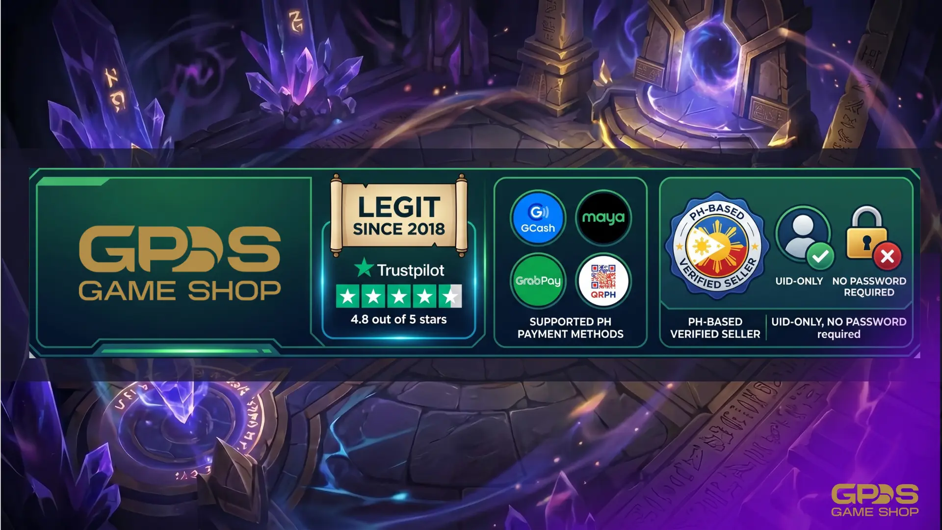 GPDS Game Shop trust strip showing 4.3 Trustpilot rating, PH e-wallet support, and manual verification since 2018