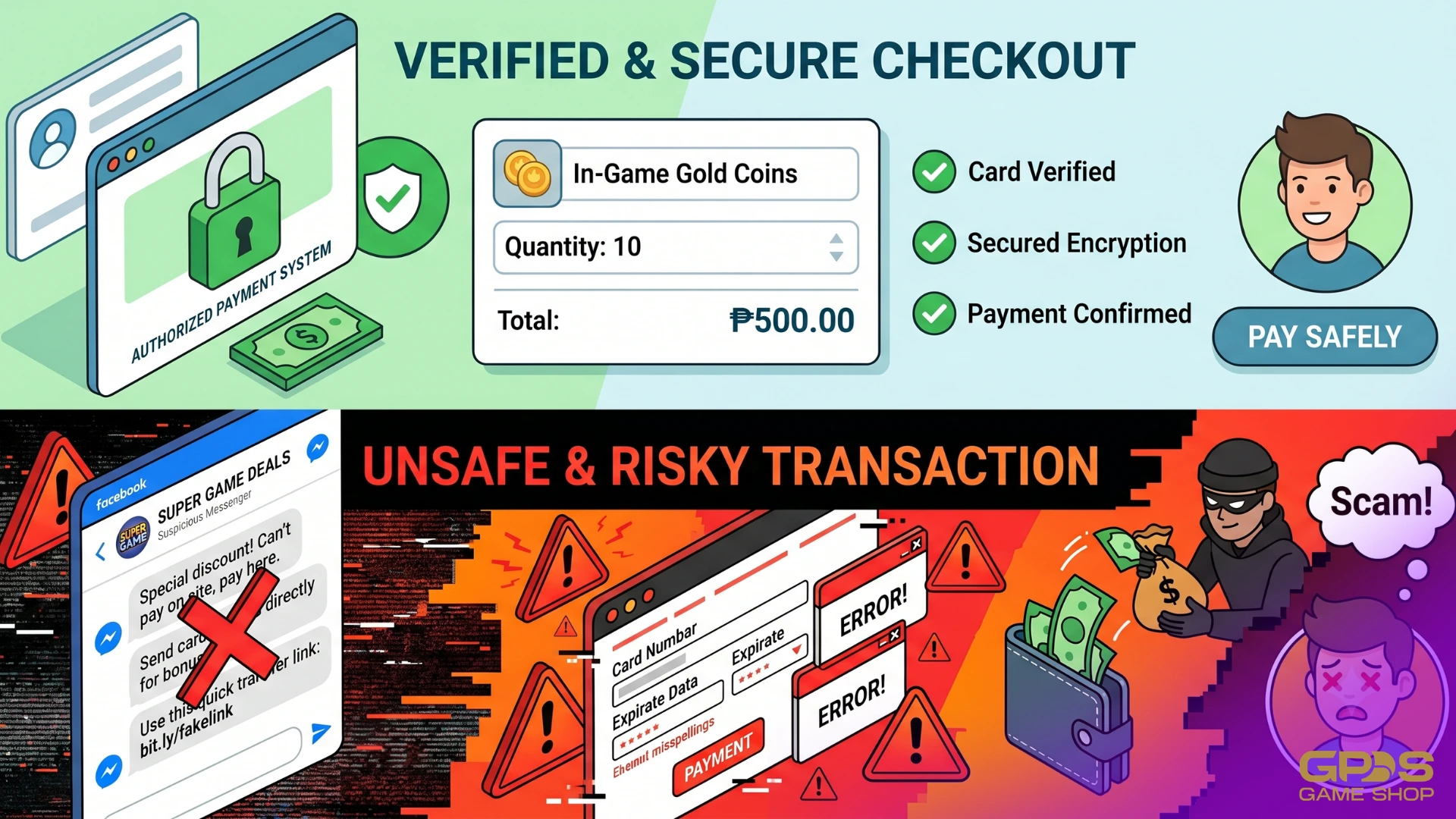 An infographic split into two sections comparing safe and unsafe game purchases. The top half, labeled "VERIFIED & SECURE CHECKOUT" in green, features a secure lock icon, checkout details for in-game coins, green checkmarks for encryption, and a smiling buyer. The bottom half, labeled "UNSAFE & RISKY TRANSACTION" in red, shows warning triangles, a fake social media chat with suspicious links, a broken payment window with errors, and a cartoon thief stealing a bag of cash from a distressed user. The GPDS Game Shop logo is in the bottom right.