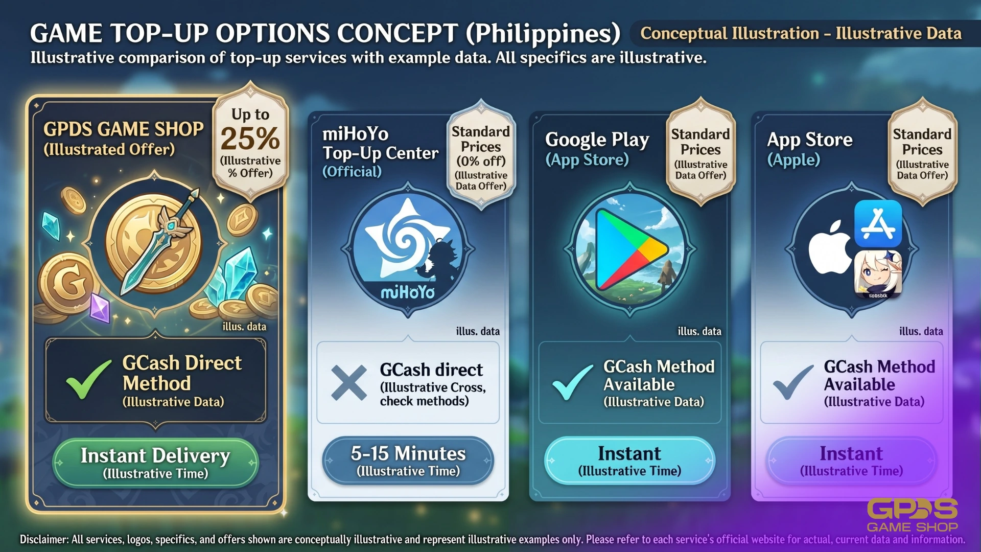 Comparison of Genesis Crystal top-up platforms in the Philippines for 2026, showing GPDS Game Shop, miHoYo, Google Play, and App Store with GCash support, savings, and delivery times