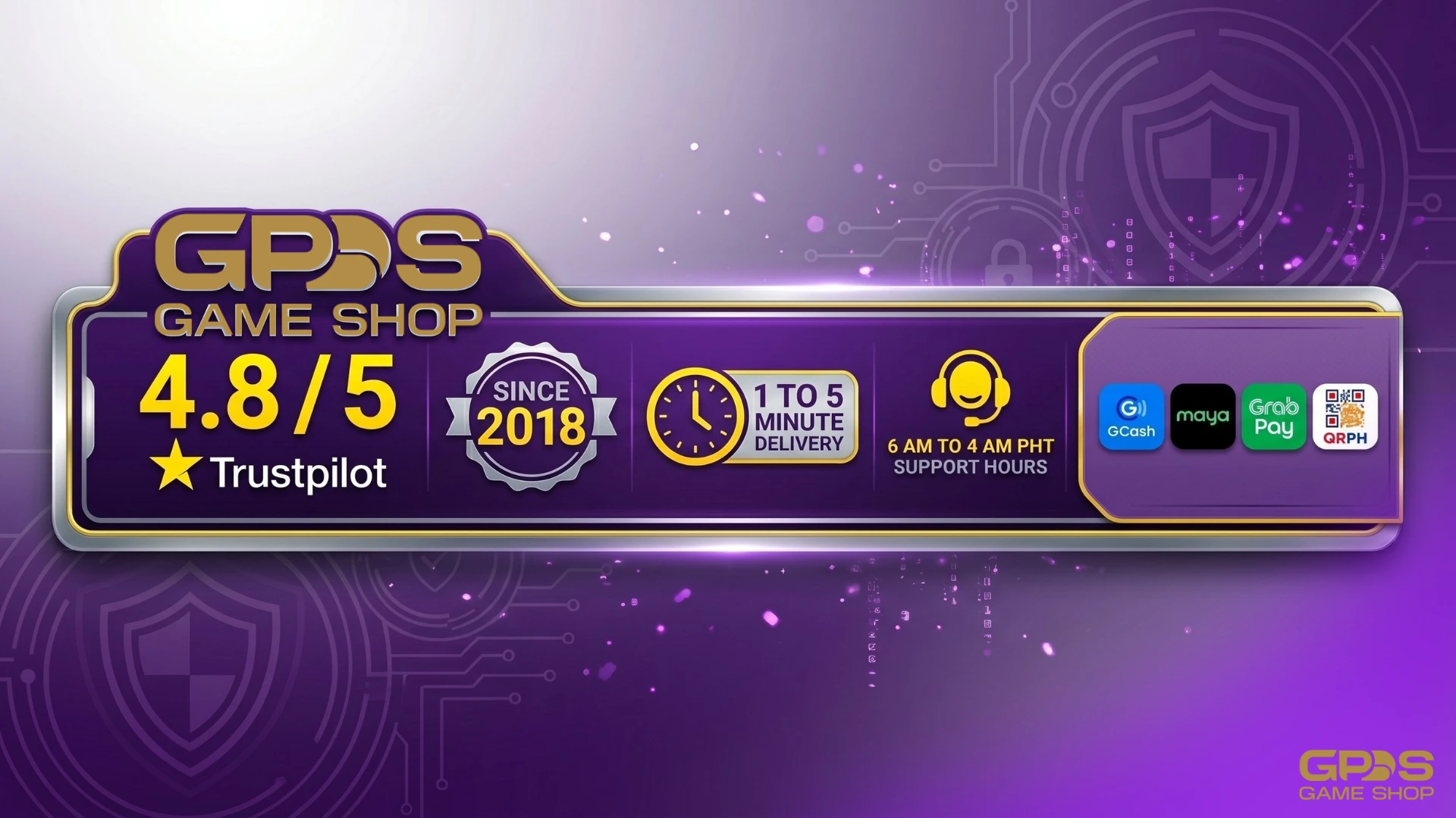 GPDS Game Shop trust signals for Genshin Impact top-ups: 4.8 Trustpilot rating, fast delivery, PH payments