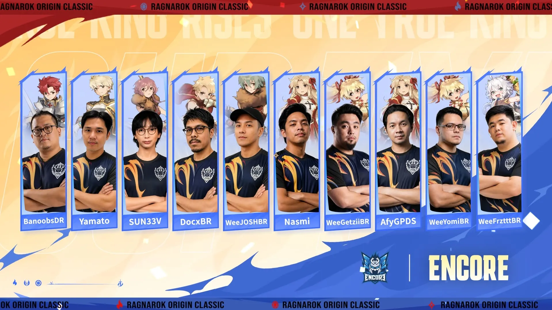 Official player roster graphic for Team Encore from the Philippines competing in the Ragnarok Origin Classic TYR Cup. The blue banner displays ten players with their names: BanoobsDR, Yamato, SUN33V, DocxBR, WeeJOSHBR, Nasmi, WeeGetziiBR, AfyGPDS, WeeYomiBR, and WeeFrztttBR, alongside corresponding in-game character classes.