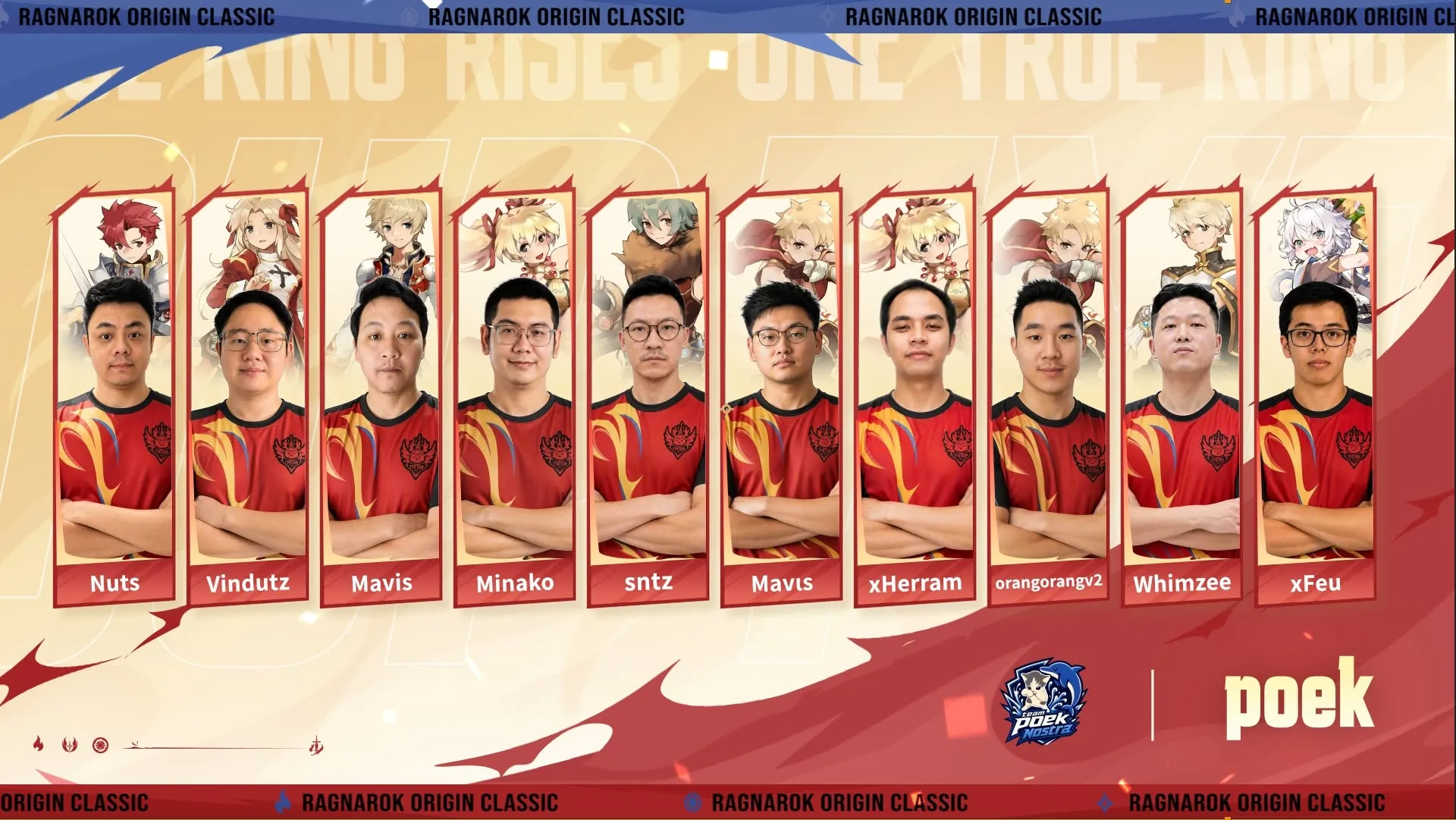 Official player roster graphic for Team Poek (Team Poek Nostra) from Indonesia competing in the Ragnarok Origin Classic TYR Cup. The red banner displays ten players with their names: Nuts, Vindutz, Mavis, Minako, sntz, Mavıs, xHerram, orangorangv2, Whimzee, and xFeu, alongside their respective game character avatars.