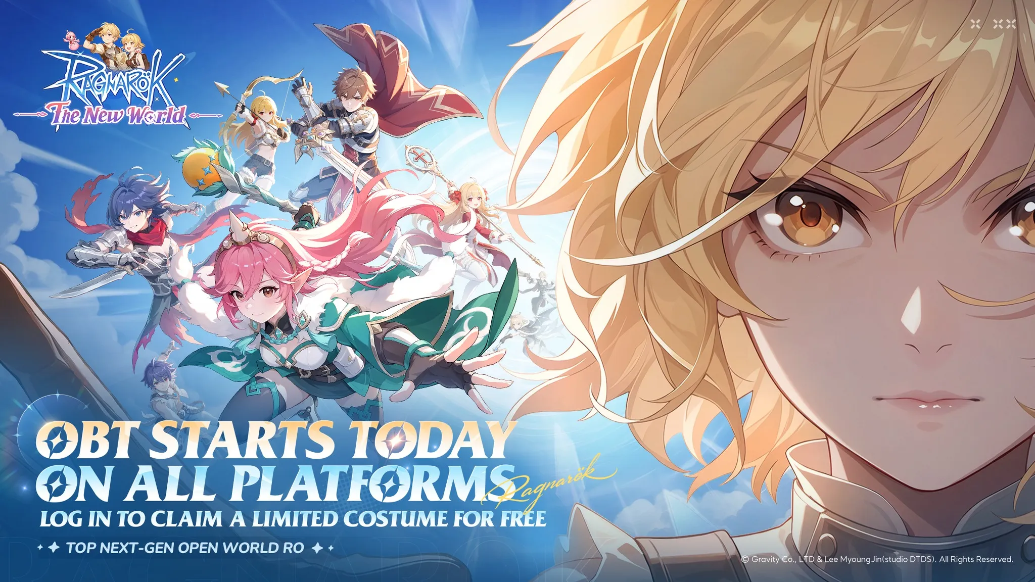 Promotional banner for Ragnarok: The New World announcing the Open Beta Test start today, featuring a close-up of a blonde hero and a diverse party of anime-style adventurers preparing for battle.