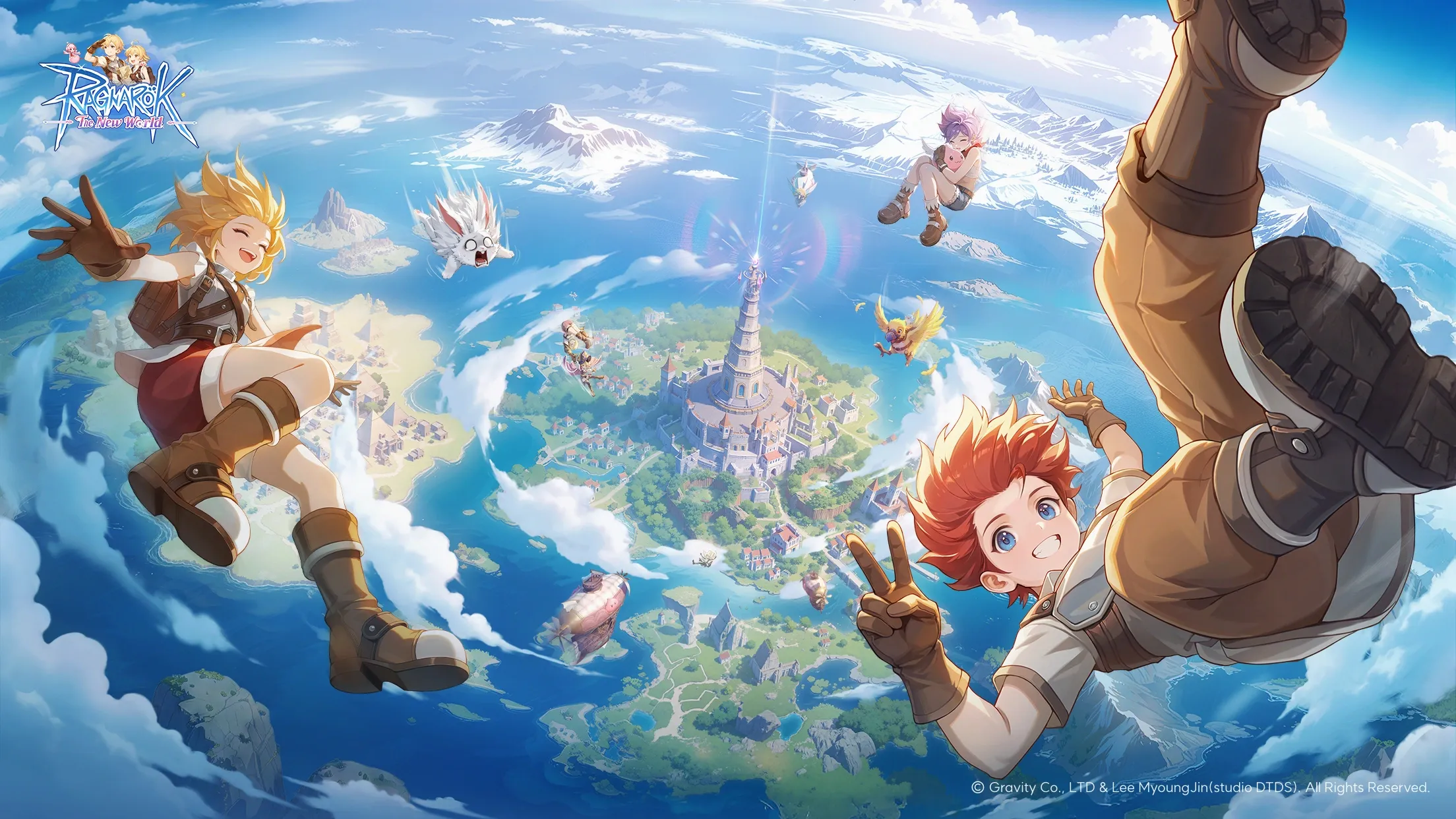 Happy adventurers and classic monsters like Porings skydiving through the clouds toward a massive, detailed fantasy city in the MMORPG Ragnarok: The New World