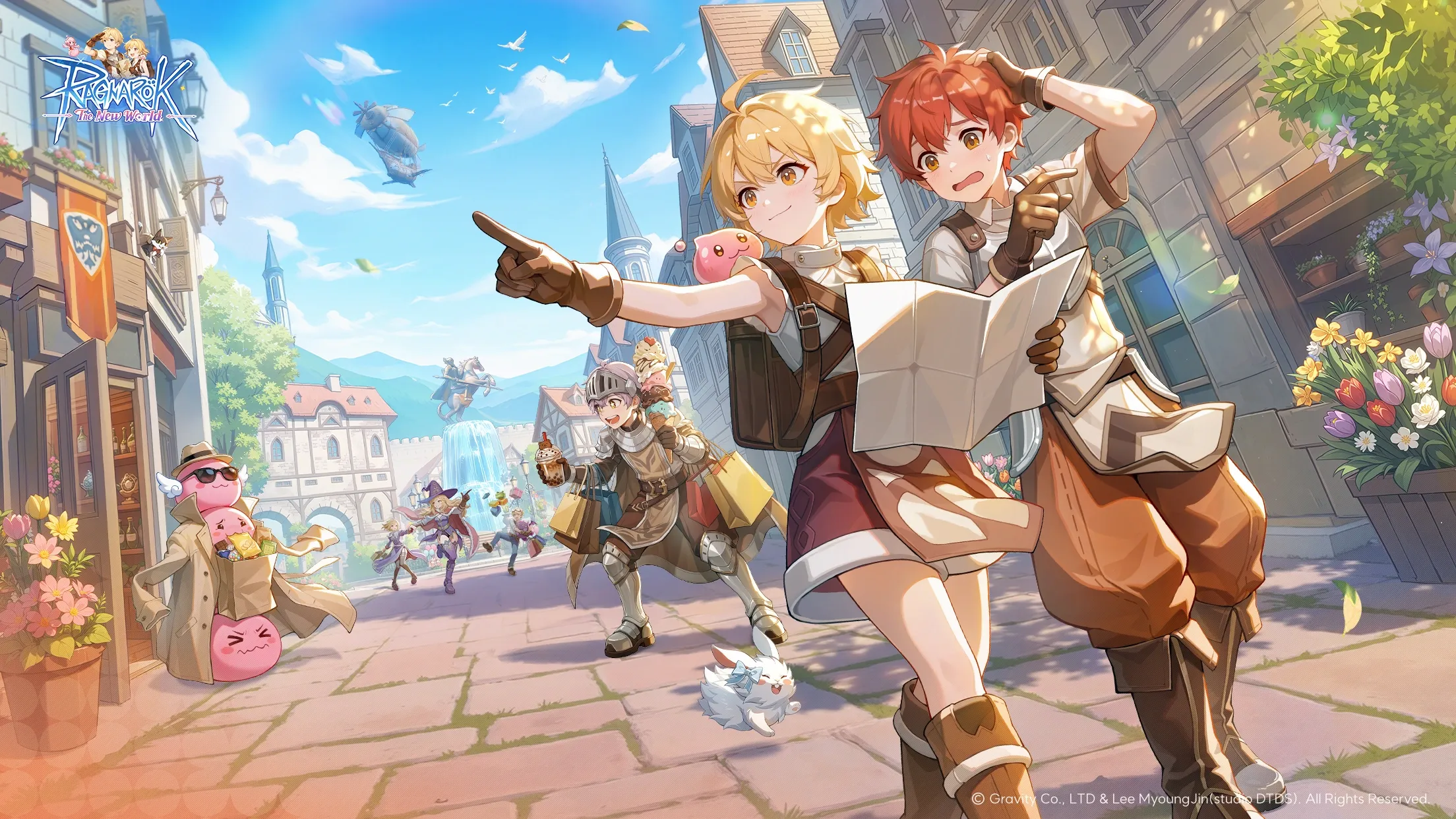 Two young adventurers navigating a bustling cobblestone town street with a map in Ragnarok: The New World, featuring a knight overloaded with shopping bags in the background.