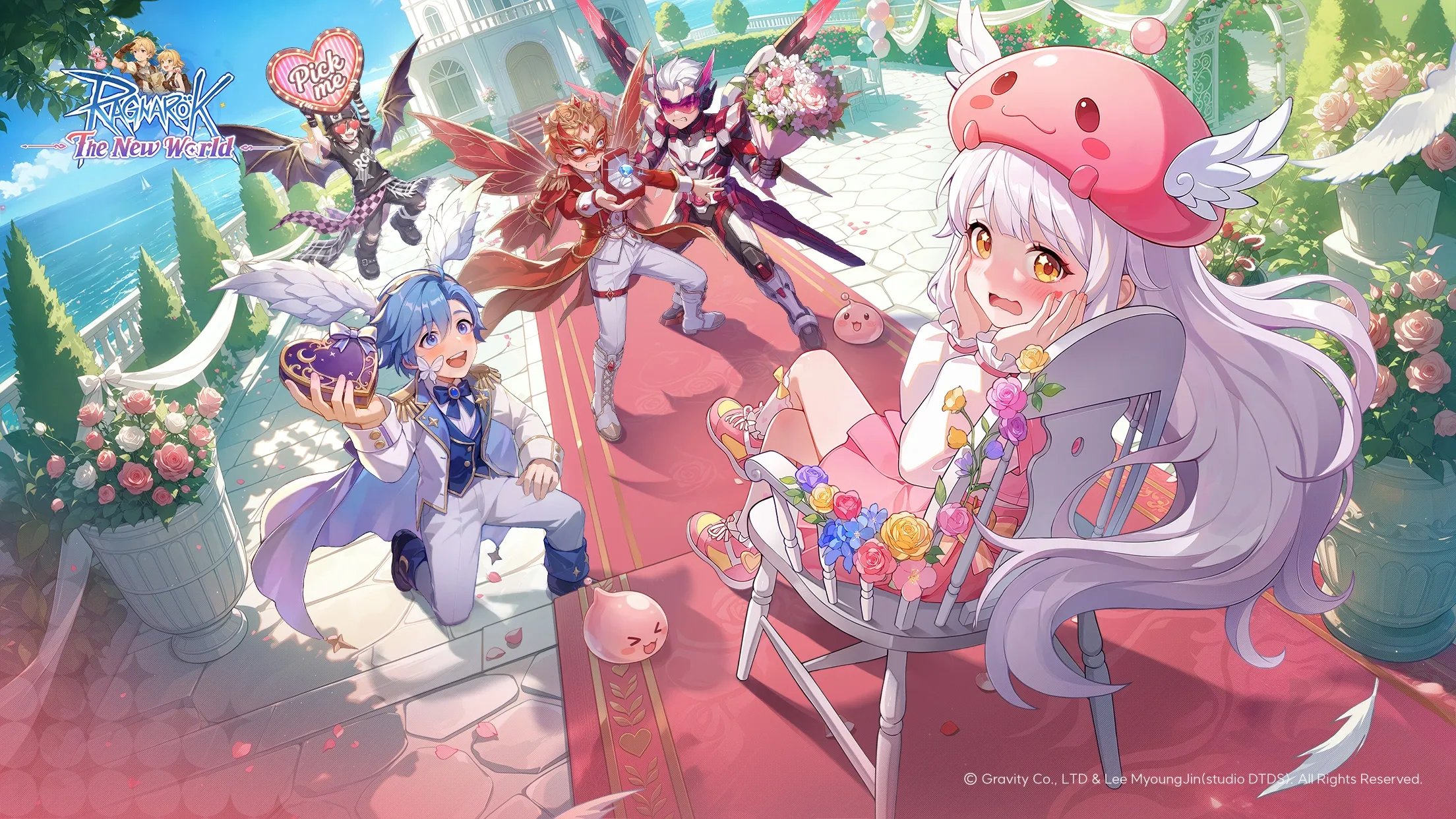 A romantic courtyard scene in Ragnarok: The New World showing multiple male suitors offering gifts, chocolates, and a diamond ring to a seated female character wearing a pink Poring hat.