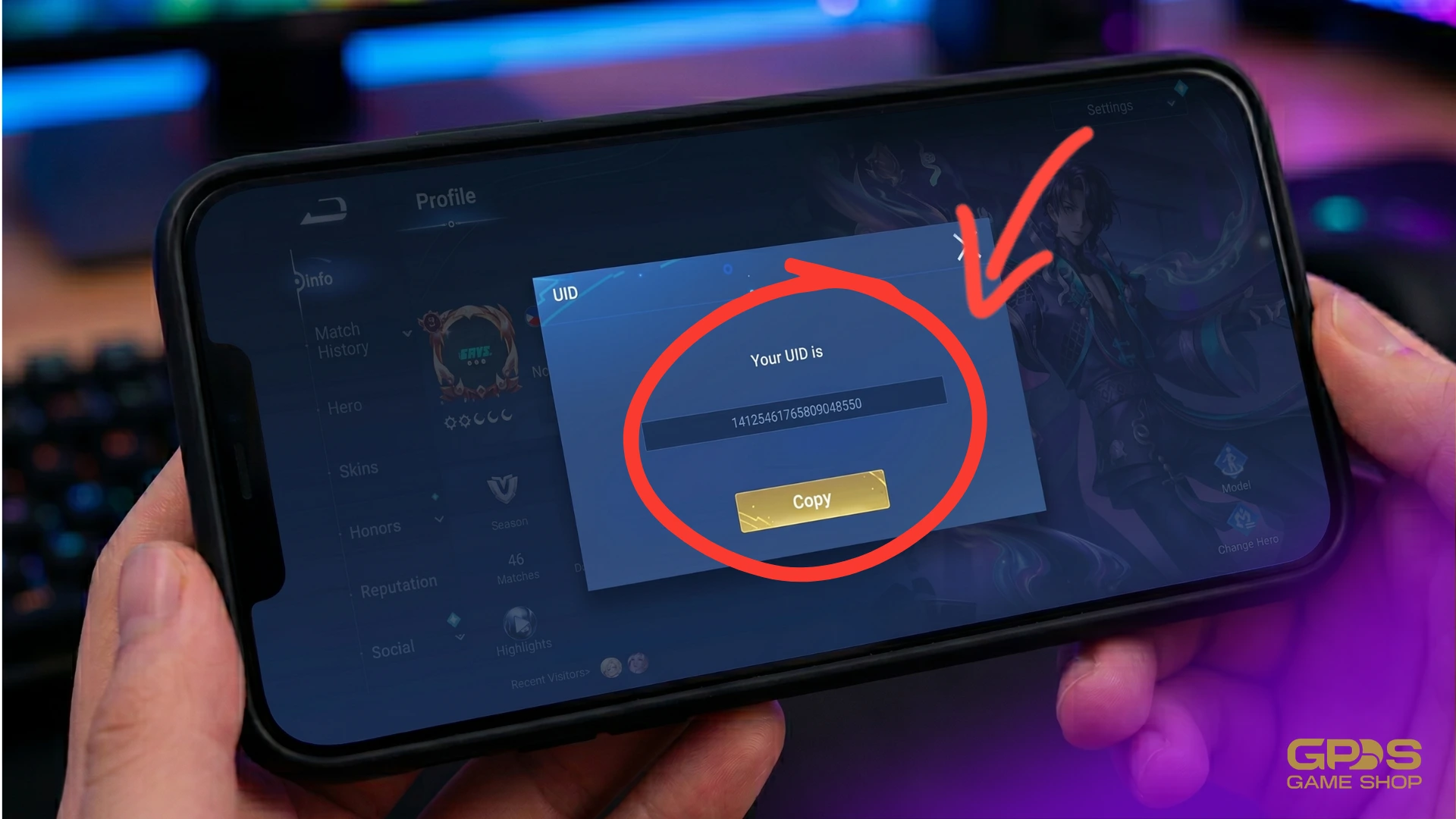 Screenshot of the Honor of Kings profile screen demonstrating how to find the Player ID