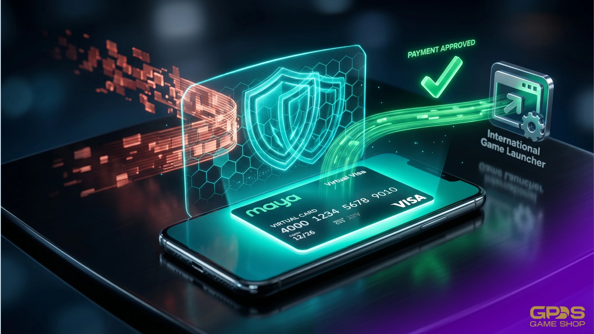 Stylized digital illustration of a glowing Maya Virtual Visa card on a smartphone screen, protected by a virtual shield, successfully paying an international gaming launcher.