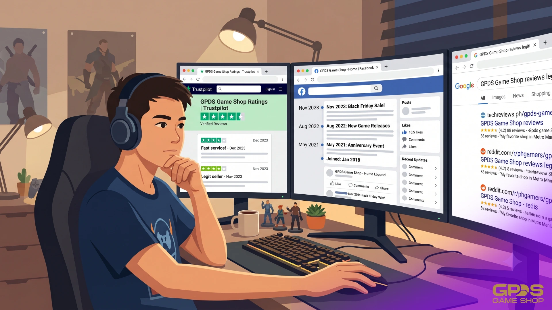 Filipino gamer cross-checking top-up site reviews on Trustpilot Facebook and Google