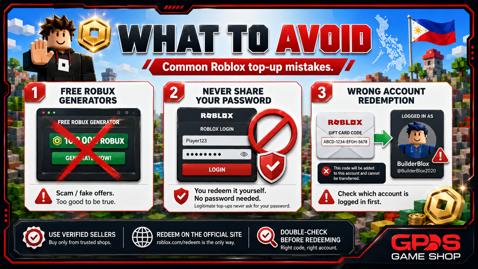 Warning visual on Roblox top-up mistakes: free-Robux scams, password requests, and wrong-account redemption