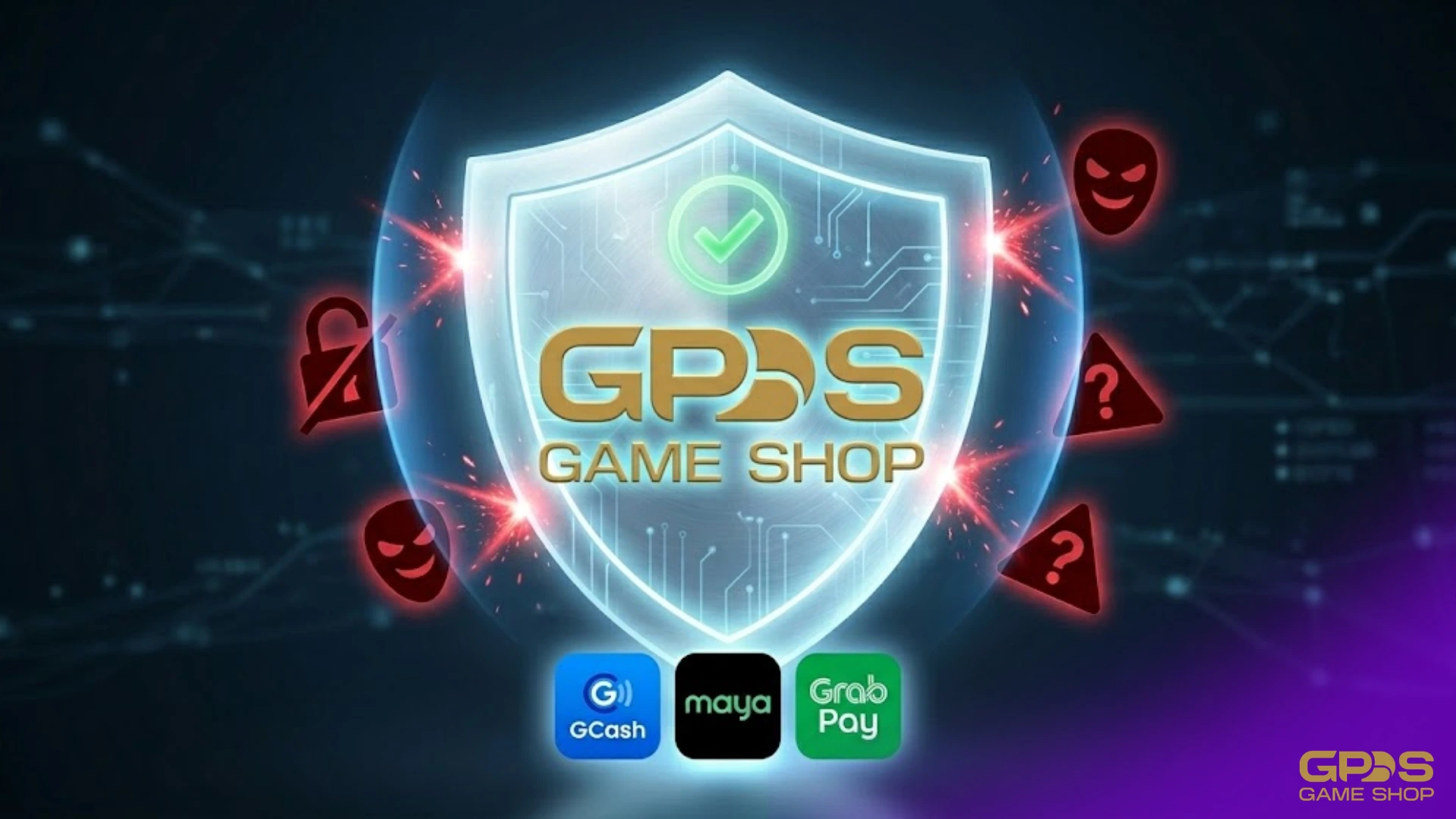 A glowing digital security shield featuring the GPDS logo deflecting hacker and scam icons, keeping GCash, Maya, and GrabPay payment methods safe and protected below.