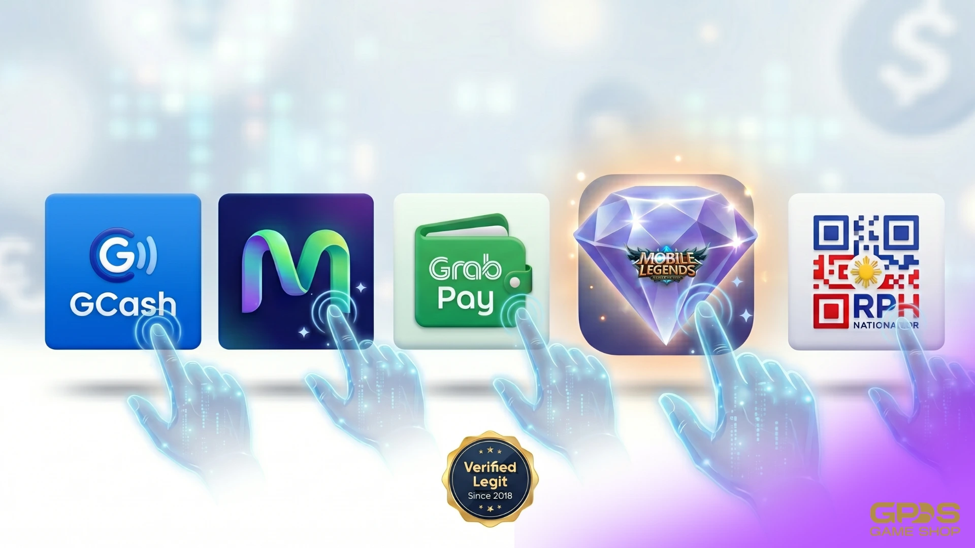 A digital finger selecting 3D icons for GCash, Maya, GrabPay, and QRPH to purchase a premium Mobile Legends diamond, featuring a badge that reads Verified Legit Since 2018.